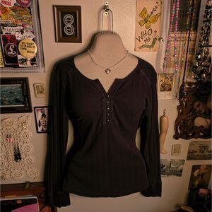 Faux Notch Henley Long Sleeve T-Shirt Women's Large Dark Purple Grunge Y2K